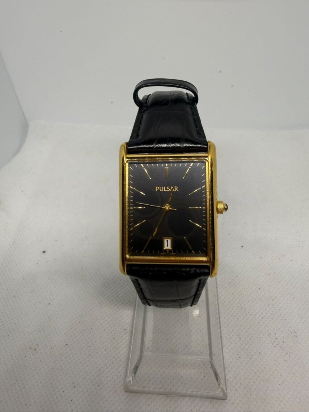 Vintage Pulsar by Seiko VX32-X343 Tank Rectangular Gold-Tone Black Dial Watch